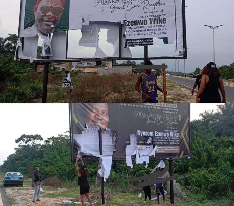 SSG Warns Against Disregarding Gov Fubara’s Power As Protesters Destroy Wike’s Thanksgiving Billboards In Rivers