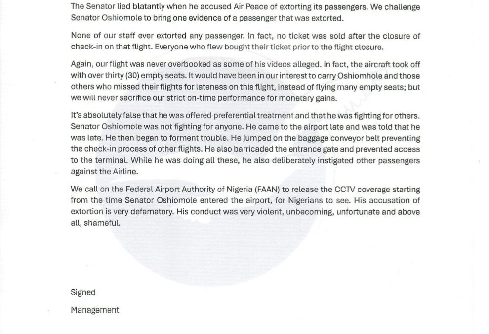 Air Peace Debunks Oshiomole’s Allegations Of Extortion